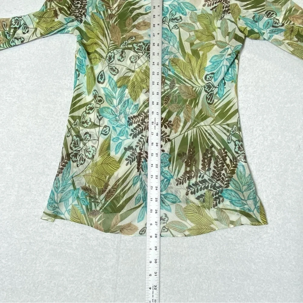 Loft Tropical Hawaiian Floral Top Womens L Green Sheer V Neck Long Sleeve Resort